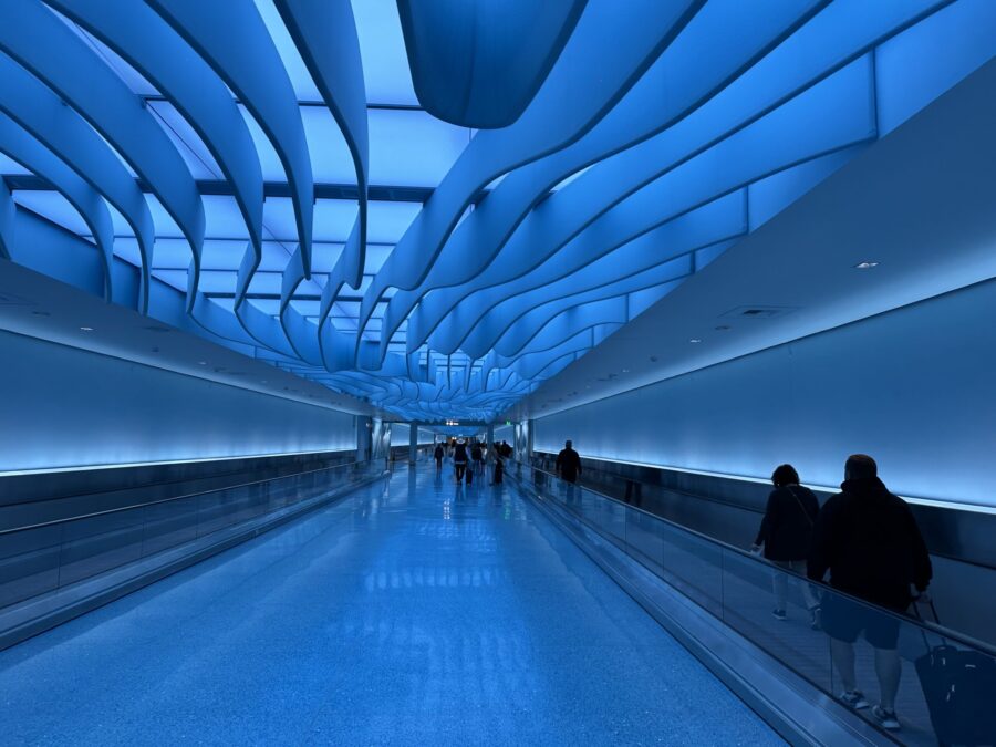 a group of people walking in blue tunnel