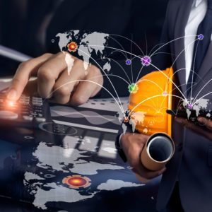 Double exposure engineering using tablet digital technology interfaces icon with construction. Web design and programming interface icon.