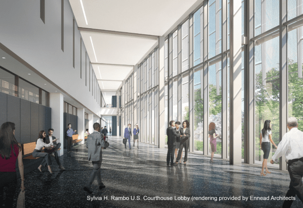 Sylvia H. Rambo U.S. Courthouse Lobby rendering provided by Ennead Architects LLP