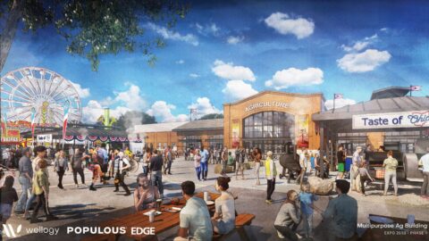 A rendering of a populated fairground featuring a large central building.