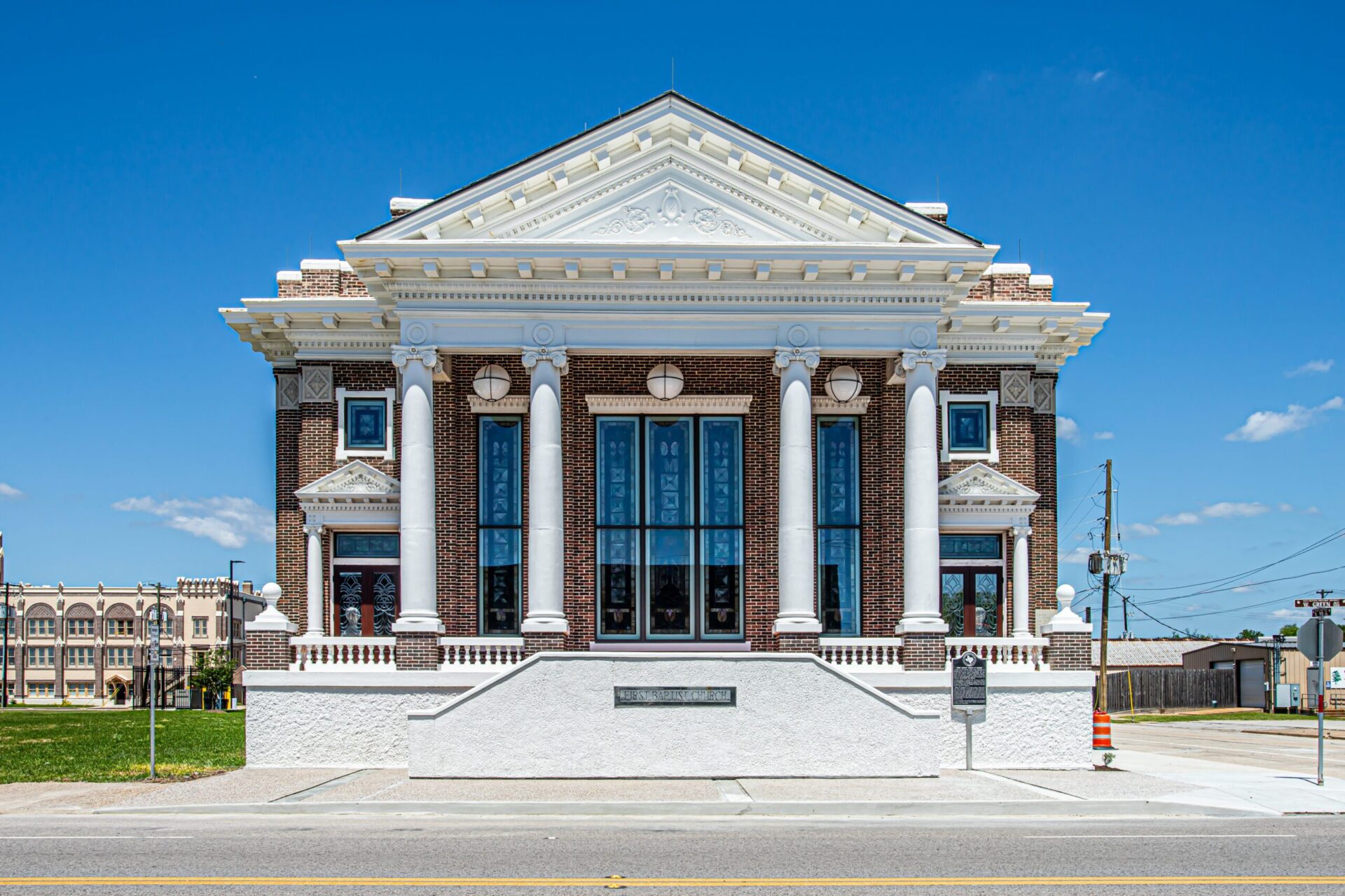 Entrance of a building with large windows