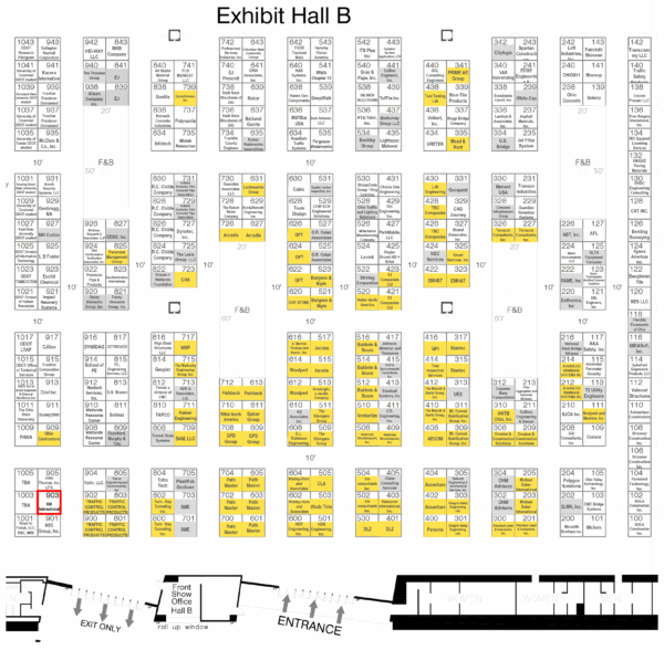 A map of the Exhibit Hall B Floor Plan, with the Hill International booth Outlined, On the far-left hand side of the hall after crossing the entrance.