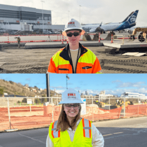 Abbegayle Munson and Delia Darrah at the Port of Seattle in hard hats