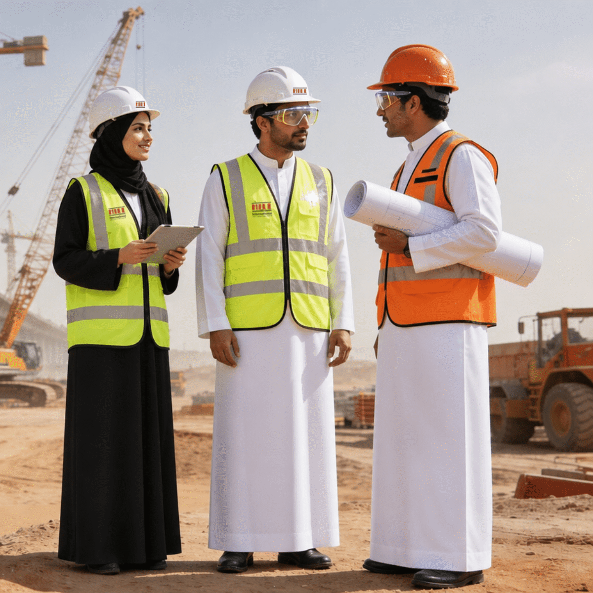 Three Arabic construction workers wearing high visibility vest and hard hats.